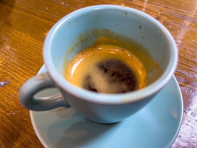 Espresso in a pale blue cup